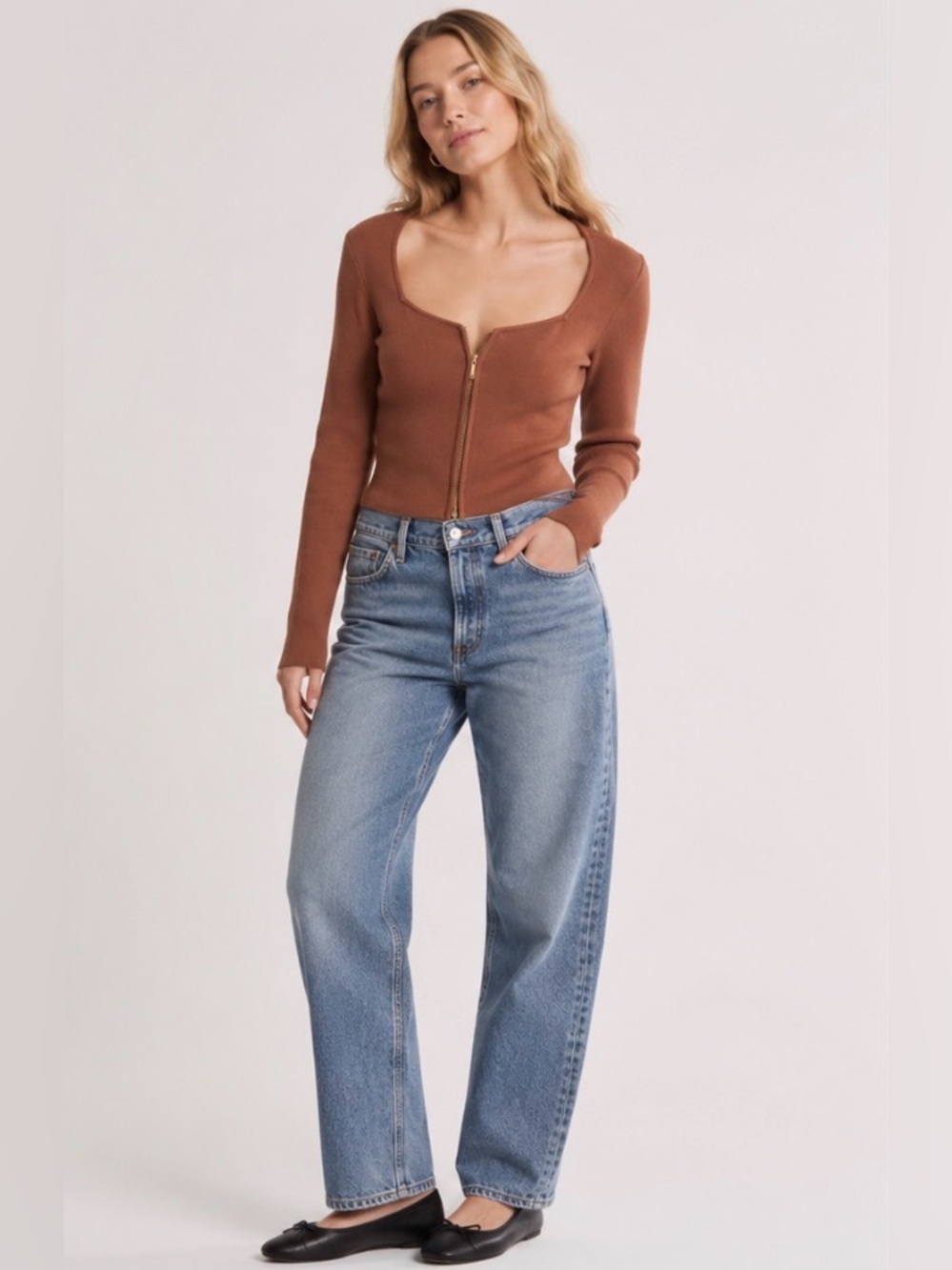 Abercrombie & Fitch Women Large Tan Brown Knit Square Neck Zip Front Top NWT